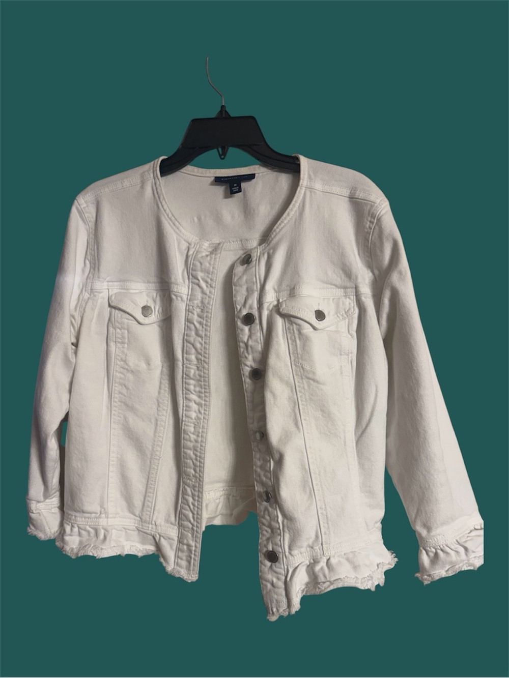 White Collarless Denim Jacket -Size M ruffles